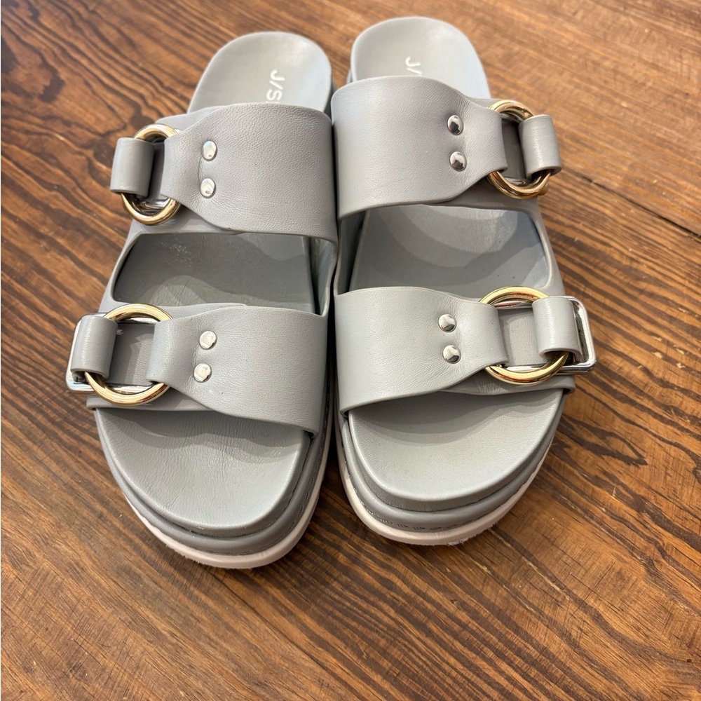 J Slides Gray Sandals with Gold Buckles